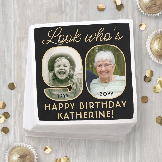 Look Who's 90 Black & Gold Happy Birthday 2 Photo Napkin (Creator Uploaded)