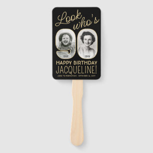 Look Who's 90 Black & Gold Happy Birthday 4 Photo Hand Fan