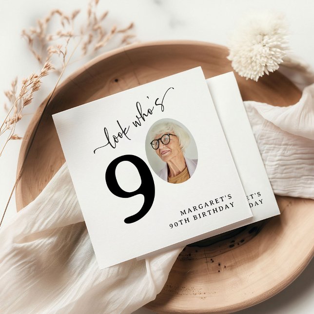 Look Who's 90! Modern Photo 90th Birthday Napkin (Creator Uploaded)