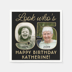 Look Who's 95 Black & Gold Happy Birthday 2 Photo Napkin