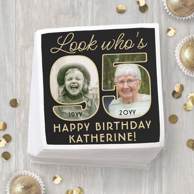 Look Who's 95 Black & Gold Happy Birthday 2 Photo Napkin (Creator Uploaded)