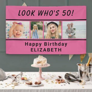 Look Who's Any Age 4 Photo Pink Birthday Banner