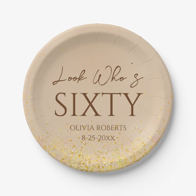 Look Who's Elegant Gold 60th Birthday Party Paper Plate (Front)
