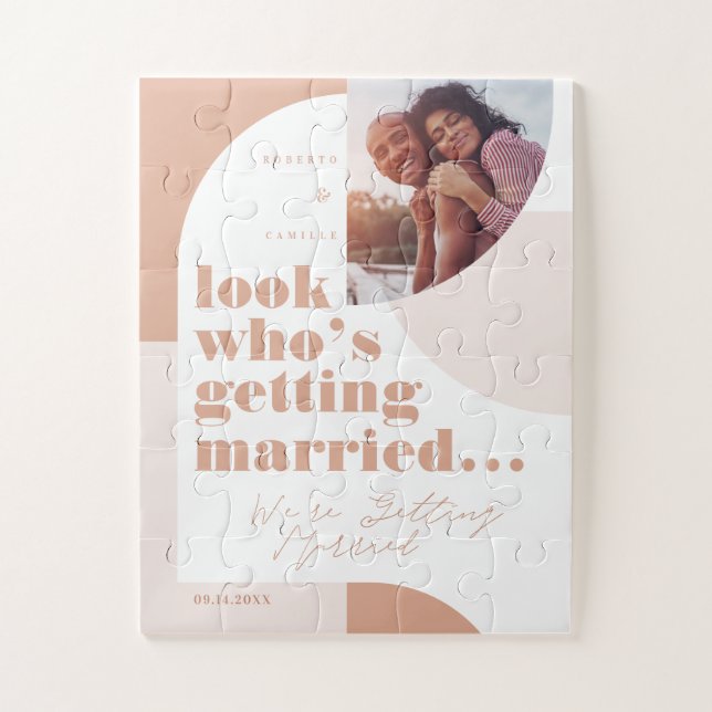 Look Who's Getting Married Geometric Blush Photo Jigsaw Puzzle (Vertical)