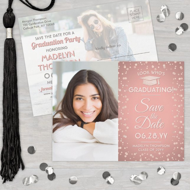 Look Who's Graduating 2 Photo Save the Date Pink Announcement Postcard (Creator Uploaded)