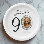 Look Who's Ninety Photo 90th Birthday Paper Plate<br><div class="desc">Celebrate your 90th birthday with a dose of humour! Our paper plates not only feature a fun phrase 'Look who's 90' but also add a personalised touch with your photo replacing the zero. Framed by a quirky doodley border and accompanied by an easy-to-edit text template, these plates are sure to...</div>