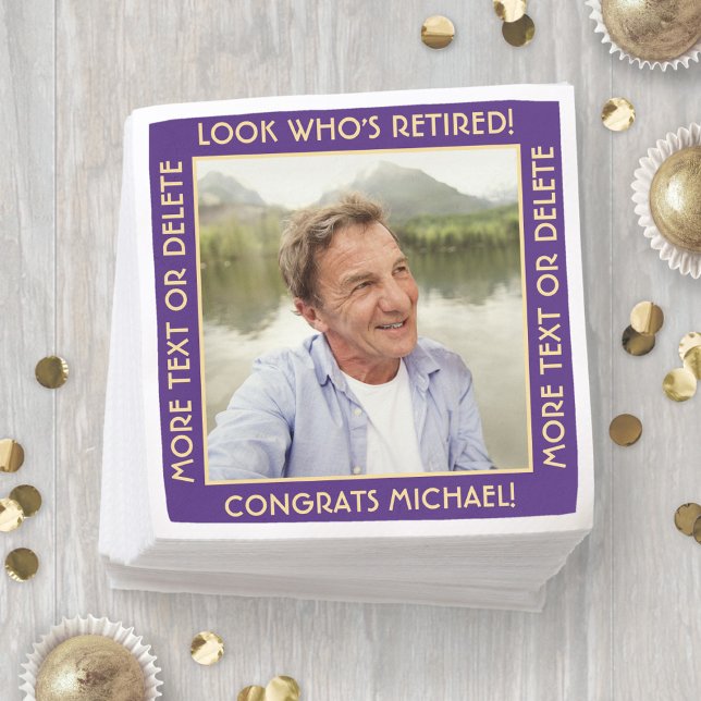 Look Who's Retired Purple Retirement Party Photo Napkin (Creator Uploaded)