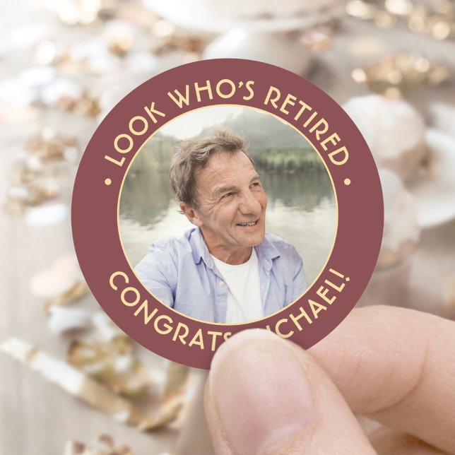 Look Who's Retired Red Gold Retirement Party Photo Classic Round Sticker (Creator Uploaded)