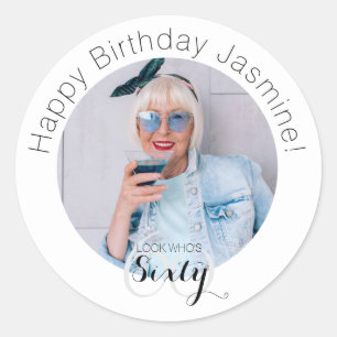 Look Who's Sixty Happy Birthday Photo Modern Classic Round Sticker