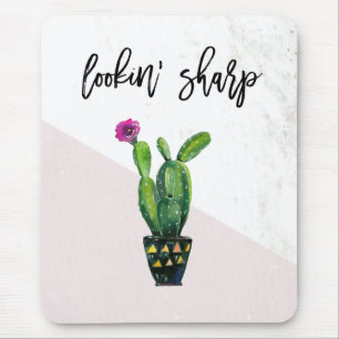 Lookin' Sharp   Blush Pink Marble and Cactus Mouse Pad