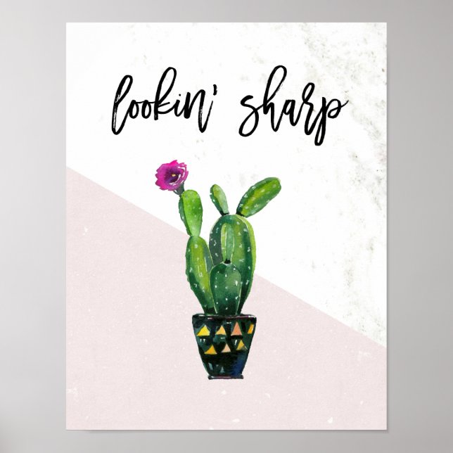 Lookin' Sharp | Blush Pink Marble and Cactus Poster (Front)