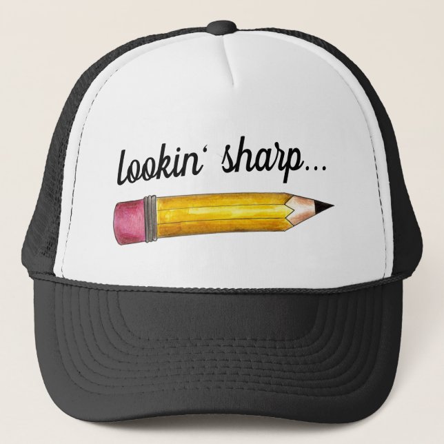 Lookin' Sharp Yellow #2 Pencil School Writing Trucker Hat (Front)