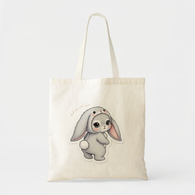 Looking Back Bunny - Adorable Fluffy Rabbit Kawaii Tote Bag (Front)