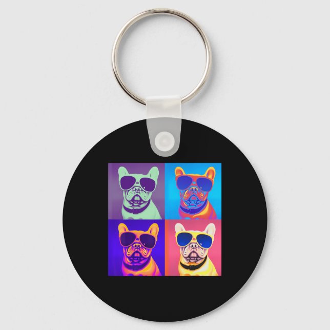 Looking French Bulldog Wearing Sunglasses Pop Art  Key Ring (Front)