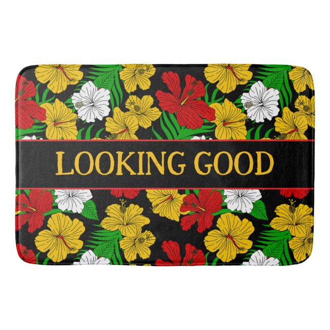 Looking Good Quote Tropical Flowers Black Bath Mat (Front)