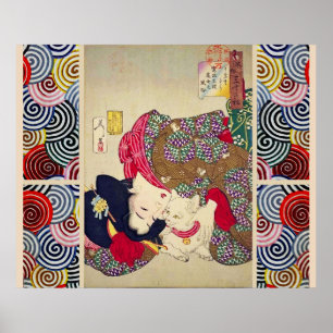 LOOKING TIRESOME ,JAPANESE WOMAN WITH WHITE CAT POSTER