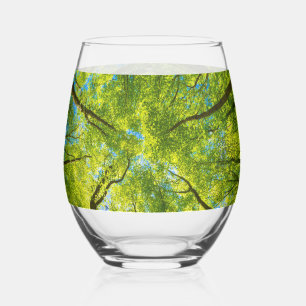 Looking up through green tree leaves stemless wine glass