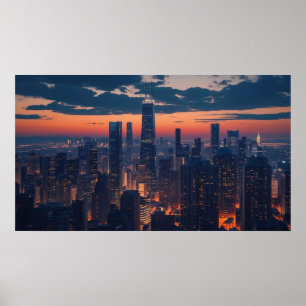 Looming Spectacular City Skyline at Dusk Poster