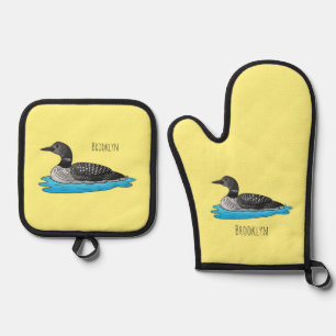 Loon bird cartoon illustration oven mitt & pot holder set