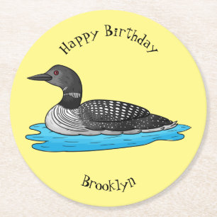 Loon bird cartoon illustration round paper coaster