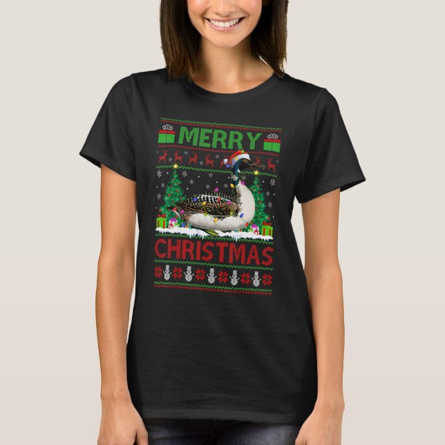 Loon Bird  Xmas Tree Lights Ugly Santa Loon Christ T-Shirt (Front)