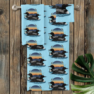 Loon Couple Sunset Blue Bath Towel Set