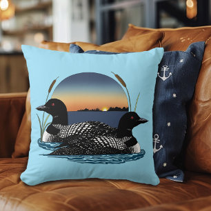 Loon Couple Sunset Blue Lake Wildlife Cushion