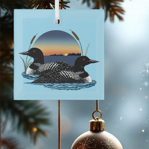 Loon Couple Sunset Blue Lake Wildlife Glass Tree Decoration