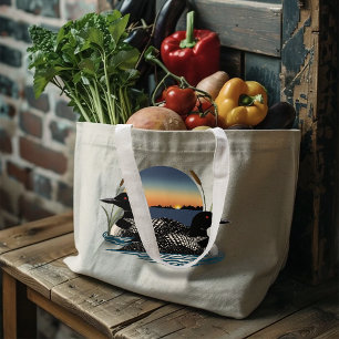 Loon Couple Sunset Blue Lake Wildlife Large Tote Bag