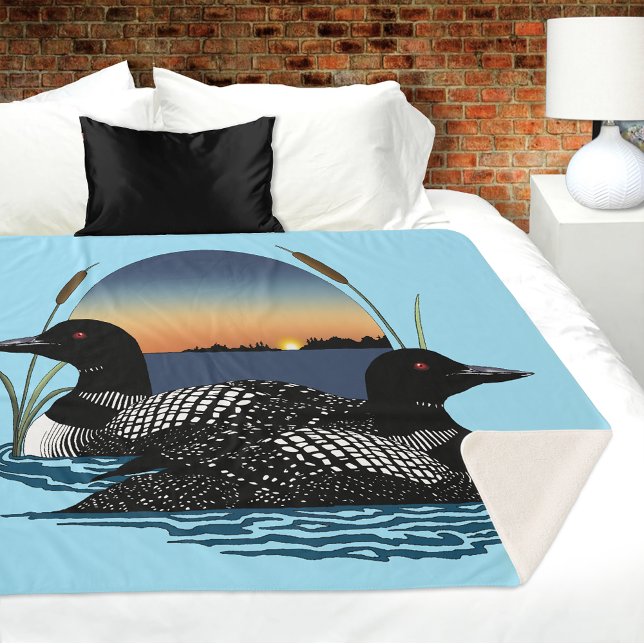Loon Couple Sunset Blue Lake Wildlife  Sherpa Blanket (Creator Uploaded)