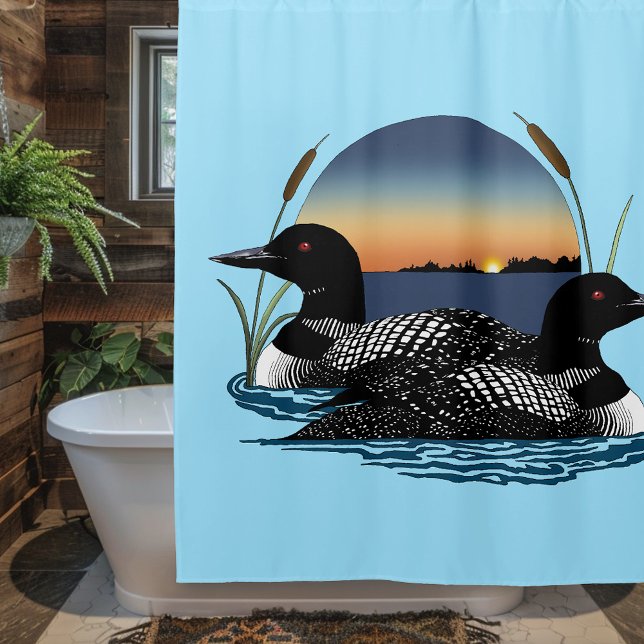 Loon Couple Sunset Blue Lake Wildlife Shower Curtain (Creator Uploaded)