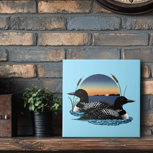 Loon Couple Sunset Blue Tile