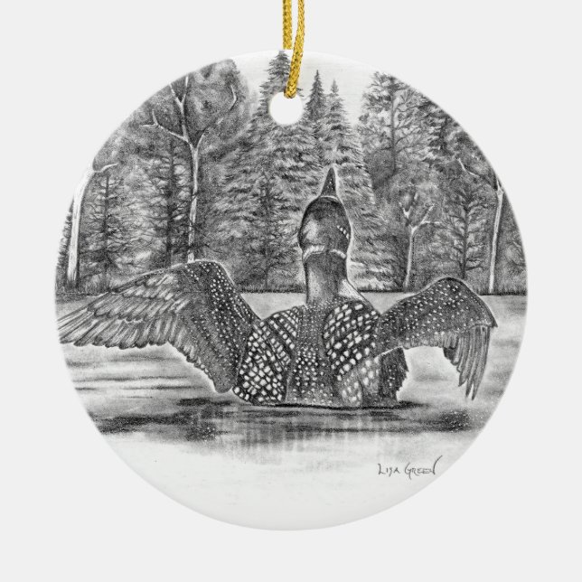 Loon Spreading Wings Ceramic Tree Decoration (Front)