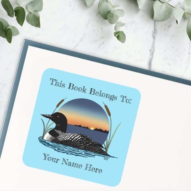 Loon Sunset Blue Bookplate Square Sticker (Creator Uploaded)