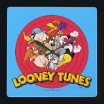 LOONEY TUNES™ Character Logo Square Wall Clock<br><div class="desc">This Classic Looney Tunes logo features all your favourite characters. Bugz,  Tweety,  TAZ,  Porky,  Sylvester,  Yosemite Sam,  Road Runner,  Daffy,  Yosemite Sam & Elmer Fudd.</div>
