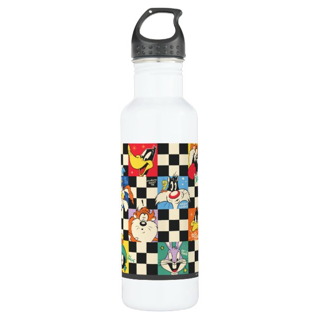 LOONEY TUNES™ Characters on Black & White Chequere 710 Ml Water Bottle (Front)