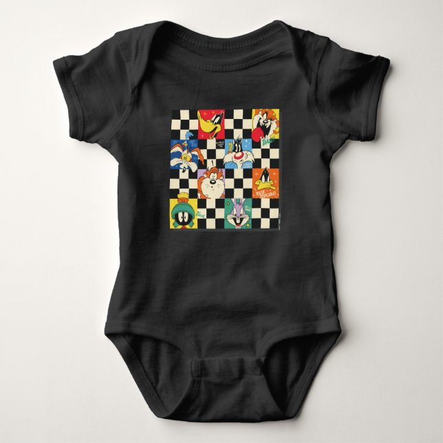 LOONEY TUNES™ Characters on Black & White Chequere Baby Bodysuit (Front)