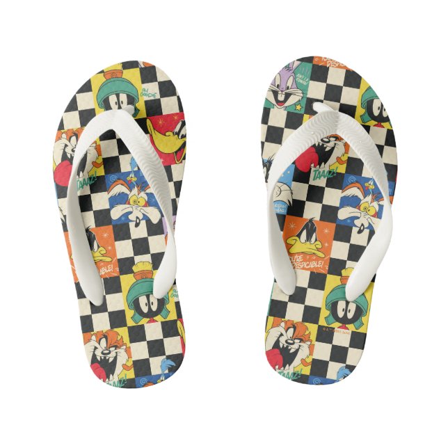 LOONEY TUNES™ Characters on Black & White Chequere Kid's Jandals (Footbed)