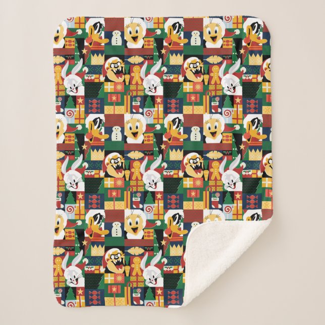 LOONEY TUNES™Holiday Block Pattern Sherpa Blanket (Front)