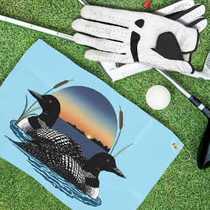 Loons Couple Sunset Blue Golf Towel