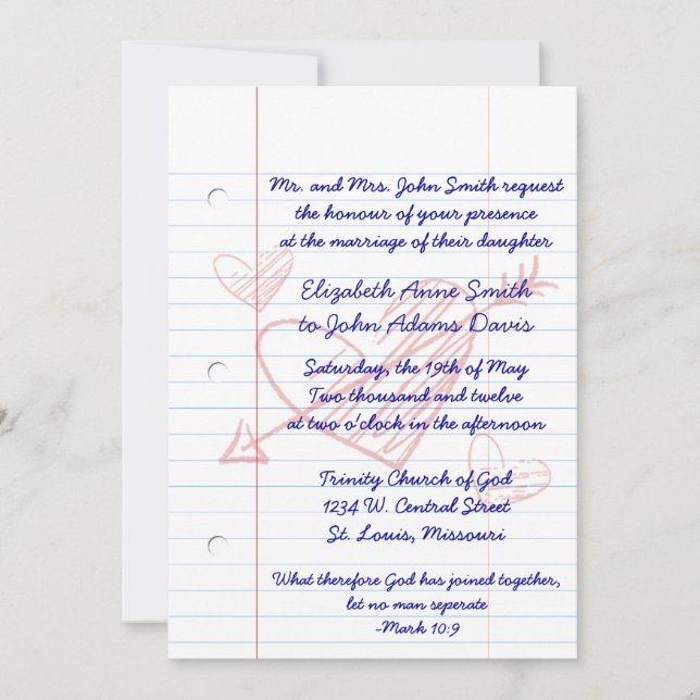 Loose Leaf Notebook Paper Wedding Invitation (Front)