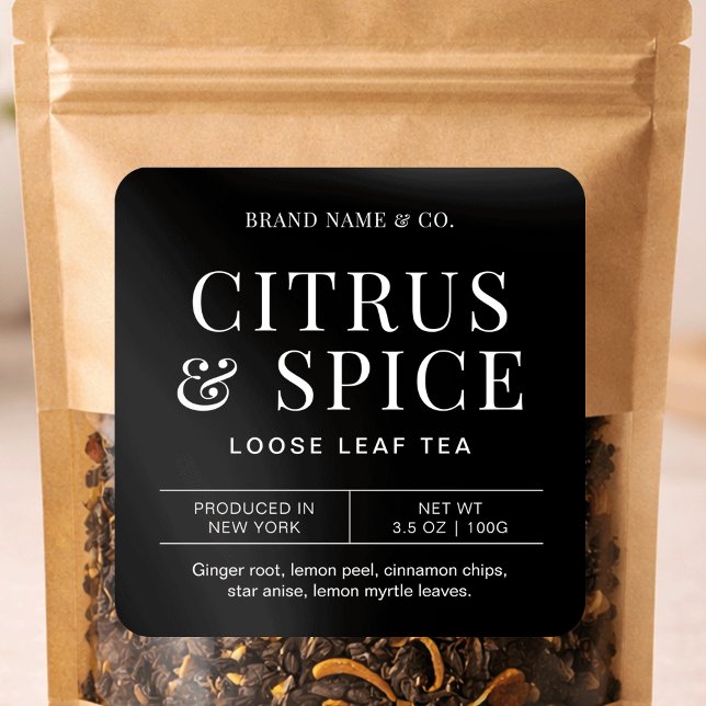Loose Leaf Tea Simple Minimalist Black Pouch Label (Creator Uploaded)