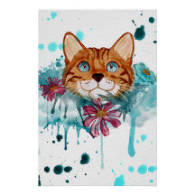 loose watercolor bengal cat painting glossy poster