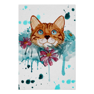 loose watercolor bengal cat painting glossy poster