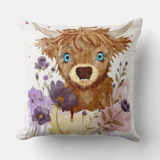 loose watercolor highland cow cushion