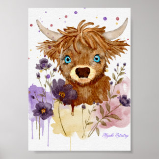 loose watercolor highland cow painting poster