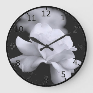 Loose White Leaf Rose On Black Background Large Clock