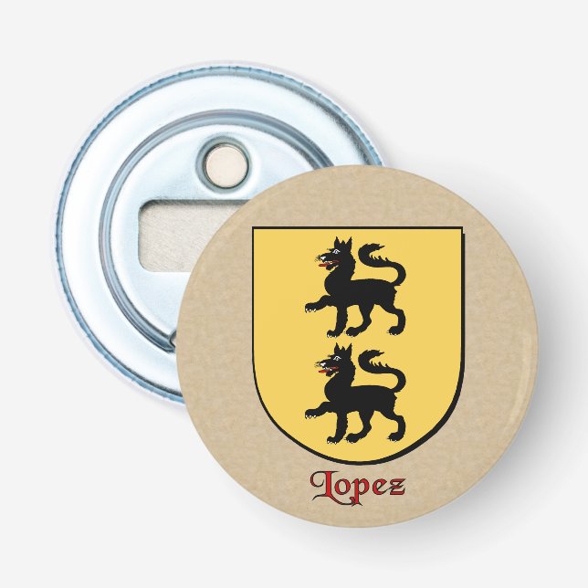 Lopez Heraldic Arms on Parchment Style Back Bottle Opener (Front)