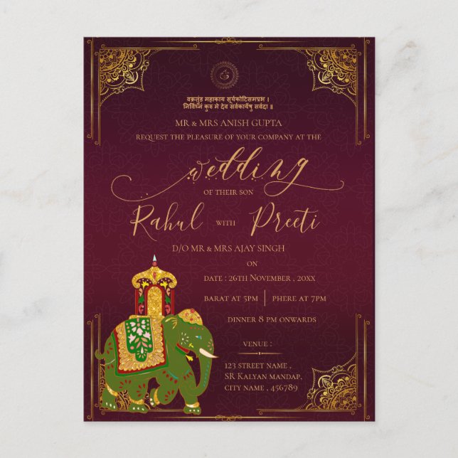 Lord Ganesh Red Gold Indian Wedding Invitation Postcard (Front)