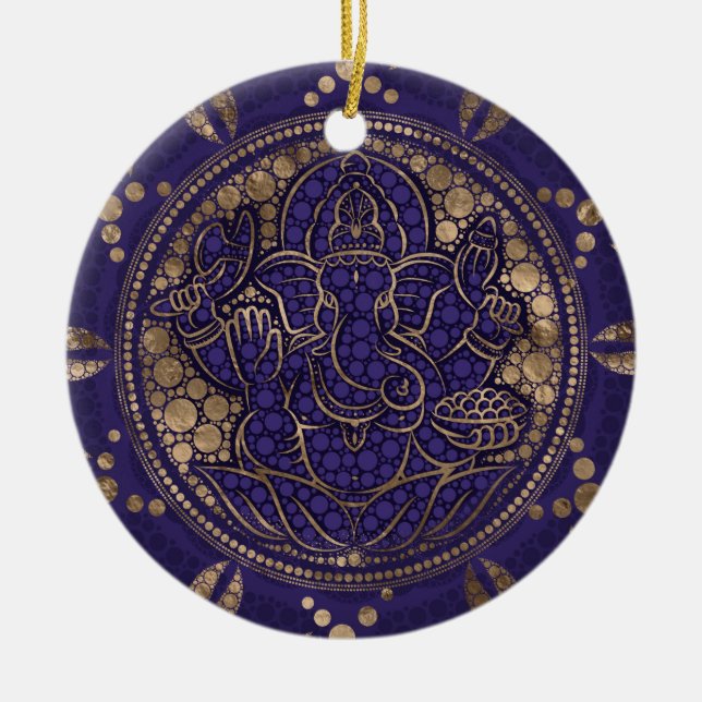 Lord Ganesha Dot Art Purples and Gold Ceramic Tree Decoration (Front)